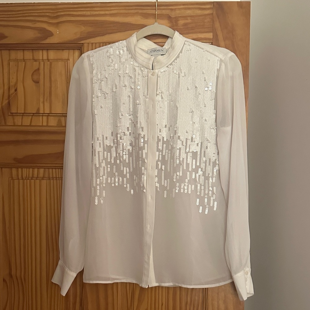 Carmen Marc Valvo White Sequin Blouse